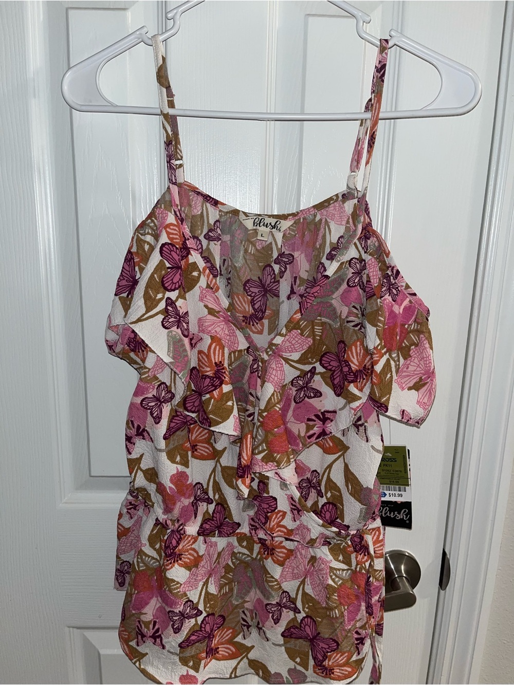 Blush Pink and Brown Floral Ruffle Spaghetti-Strap Camisole